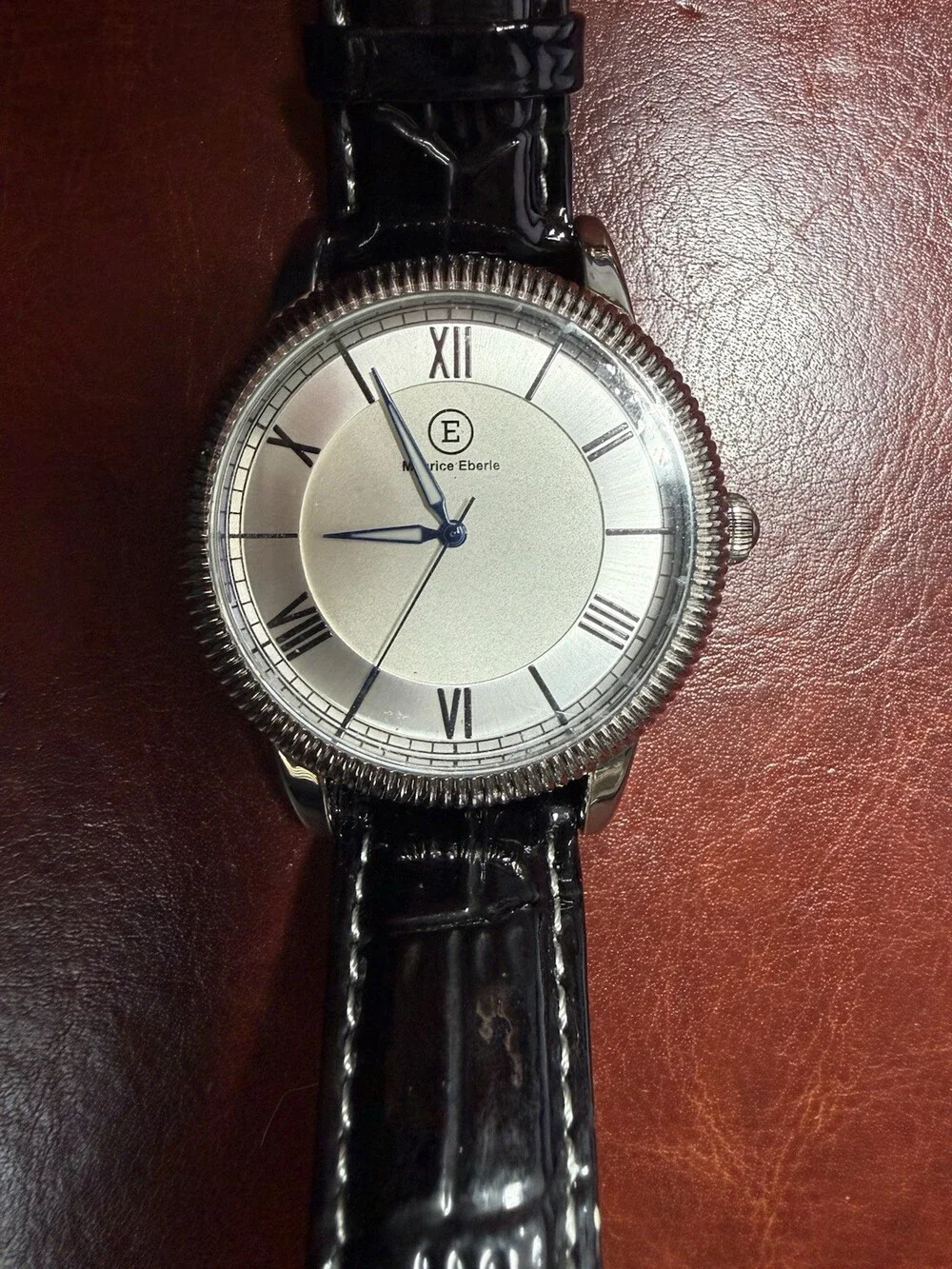 Maurice Eberle Men’s Dress Watch Silver Roman Numeral Dial Leather Untested